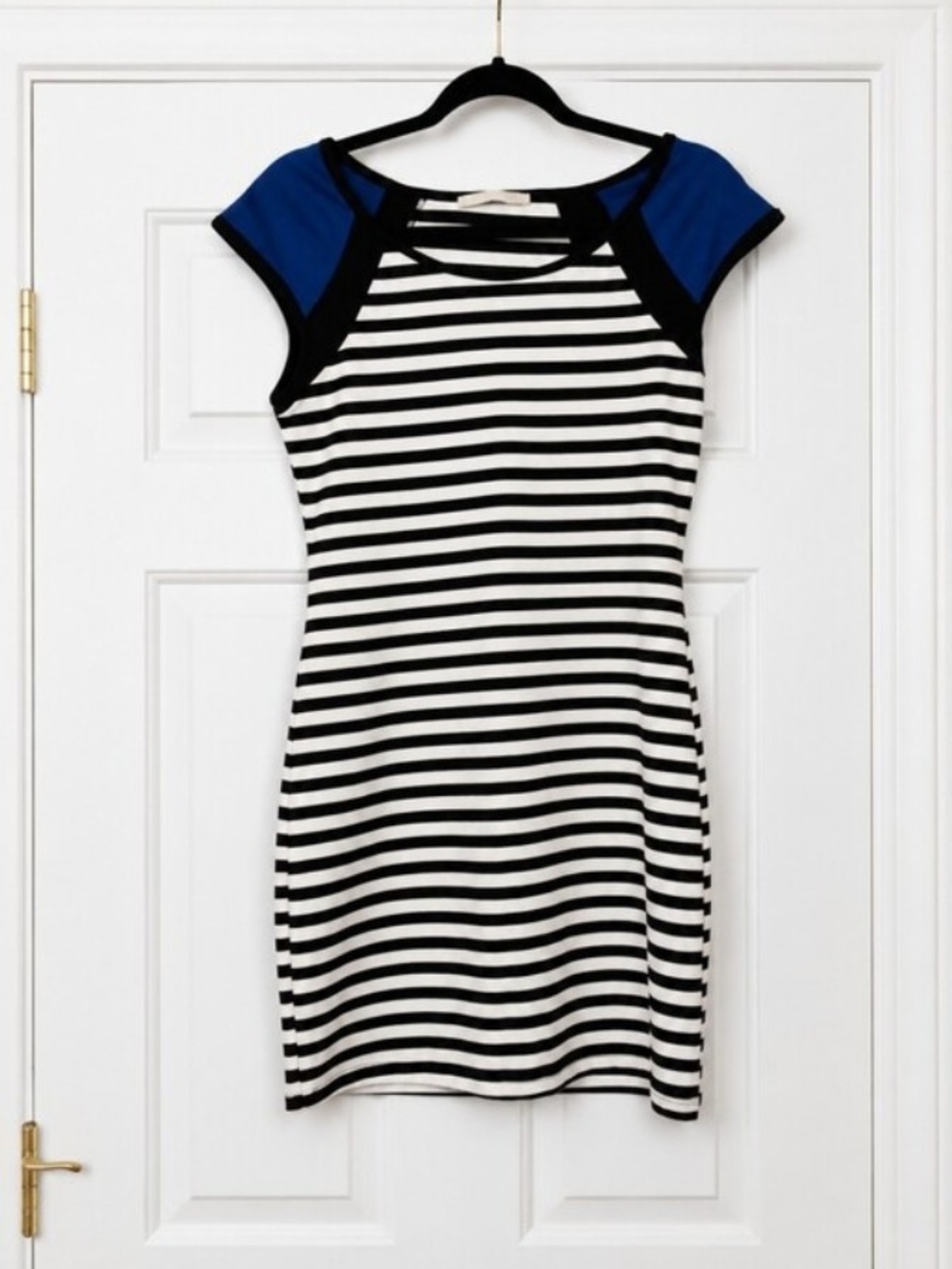 Rolla Coster Striped Bodycon Mini Dress Colorblock Cap Sleeve Black White Blue M